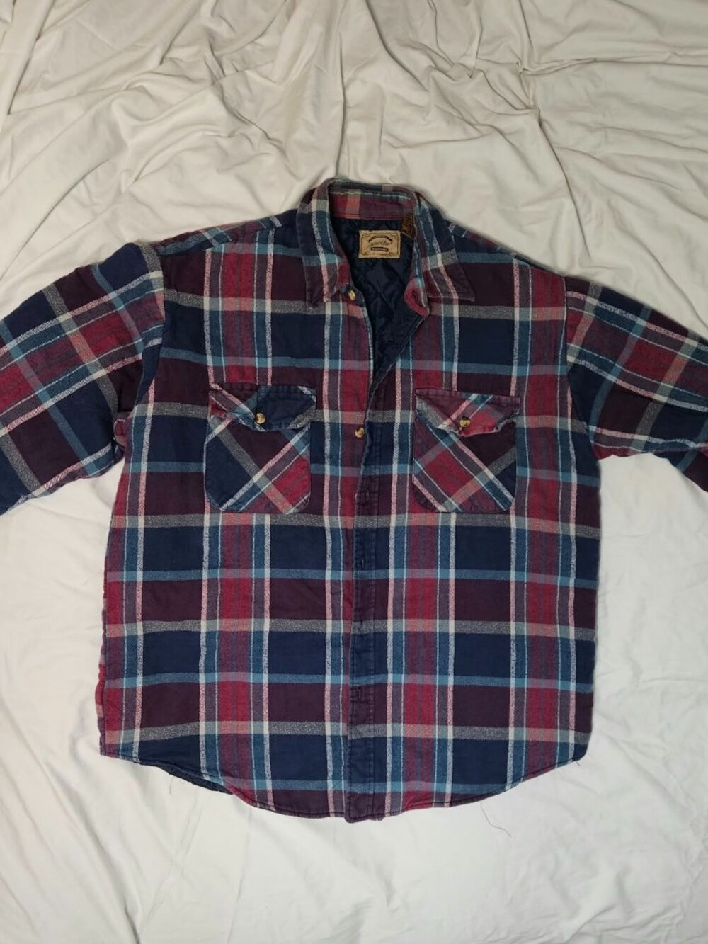 St. John’s Bay Heavyweight Quilted Plannel Shirt Jacket XL Navy Burgundy Plaid